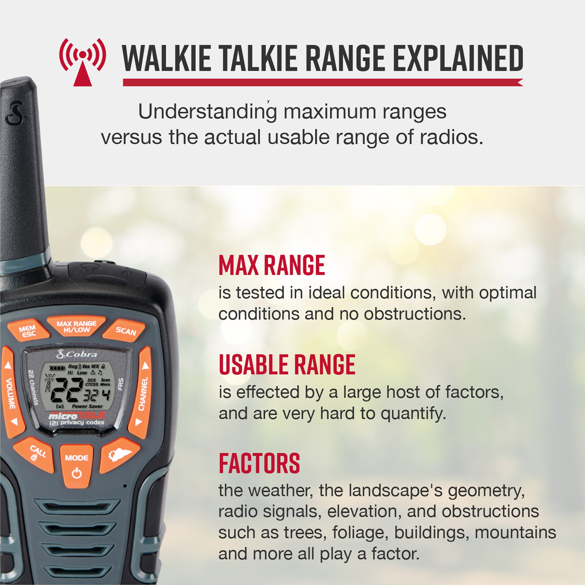 Cobra, 28-Mile Range Two-Way Radio, 2 Pack, Range 28 mile, Channel (qty.) 22 Model# ACXT545